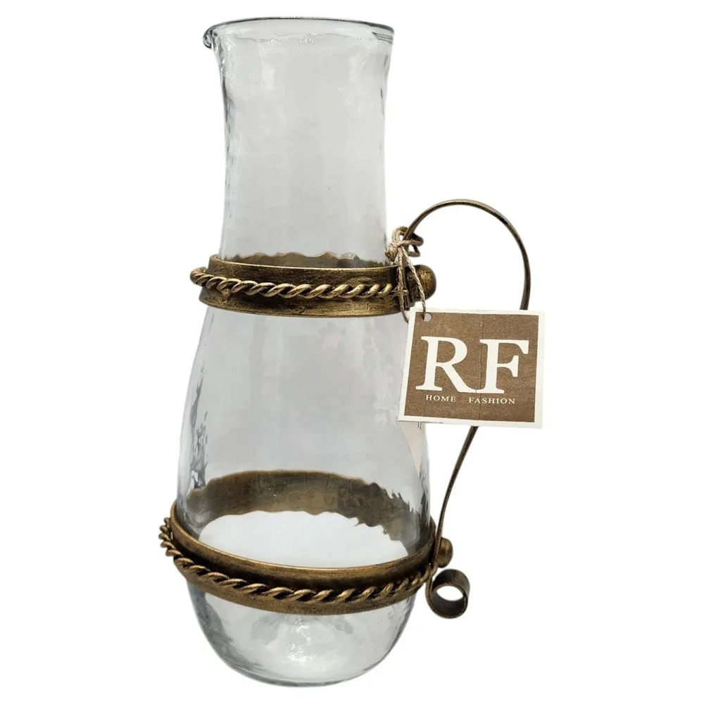RF Home Fashion Rustic Wrought‎ Metal And Clear Glass Pitcher Vase Handcrafted